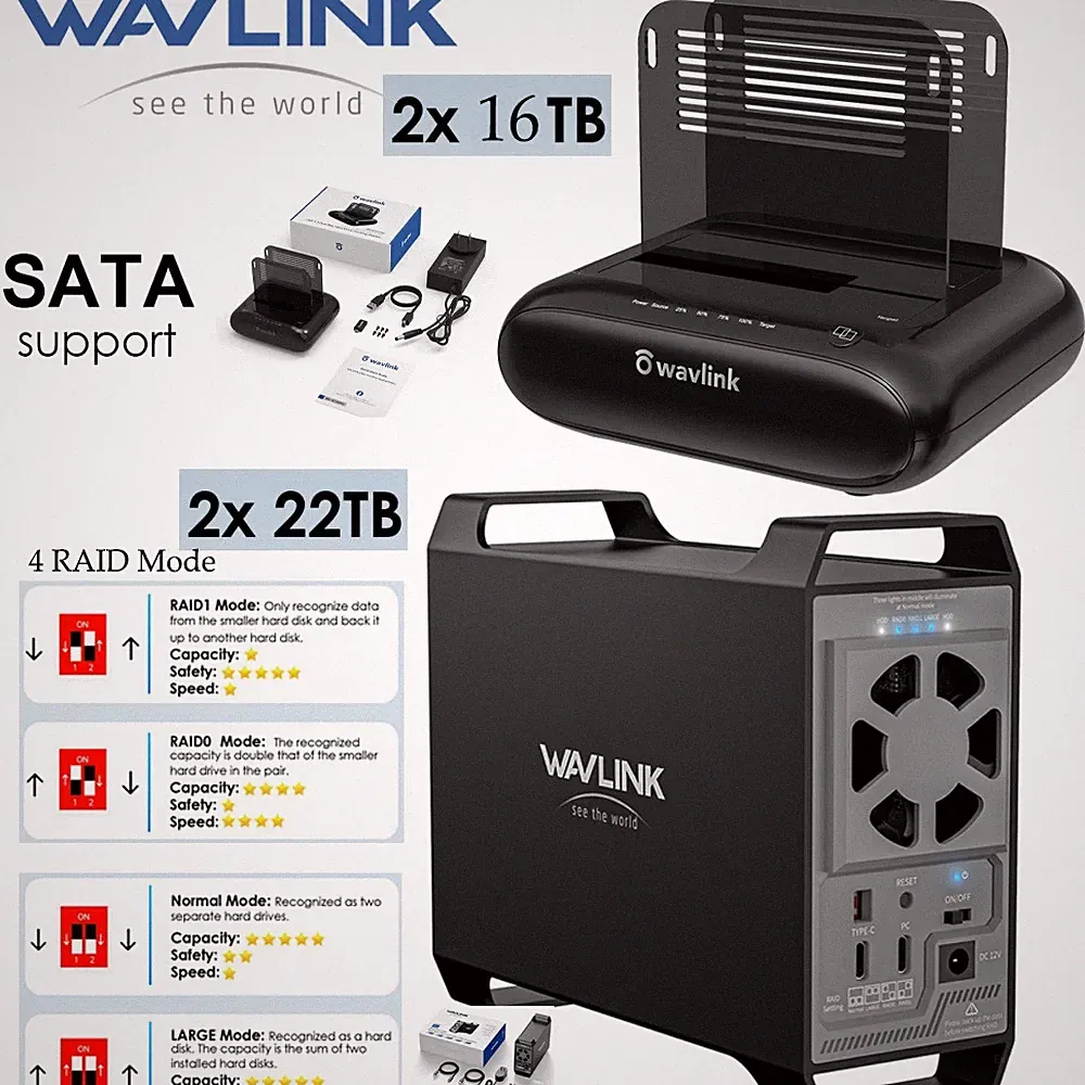 Hard Drive Enclosure 3.5"/2.5'' SATA HDD/SSD Dock USB-C/A SATA RAID 44TB/32TB