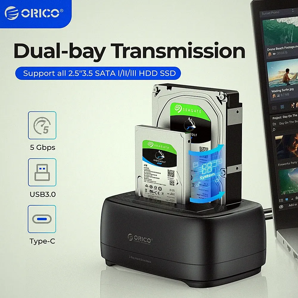 ORICO 2 Bay Hard Drive Docking Station Type C USB 3.0 for 2.5" 3.5'' HDD SSD