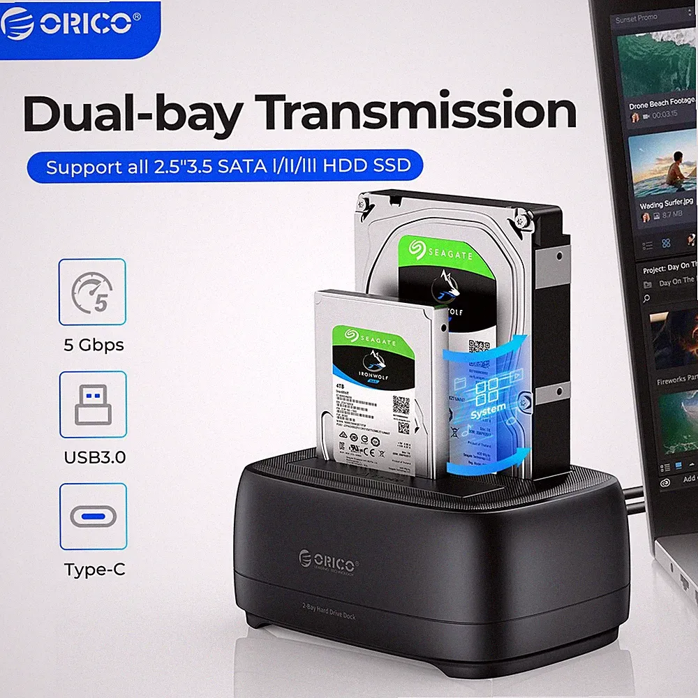 ORICO 2 Bay Hard Drive Docking Station Type C/USB 3.0 for 2.5''/3.5'' HDD SSD US