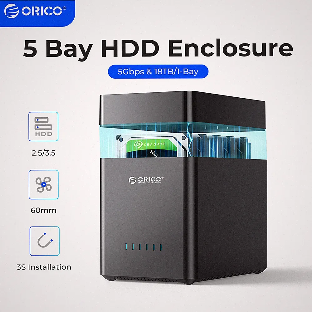 ORICO USB3.0/Type C 5Bay 3.5" SATA Hard Drive Enclosure HDD Dock Station Up
